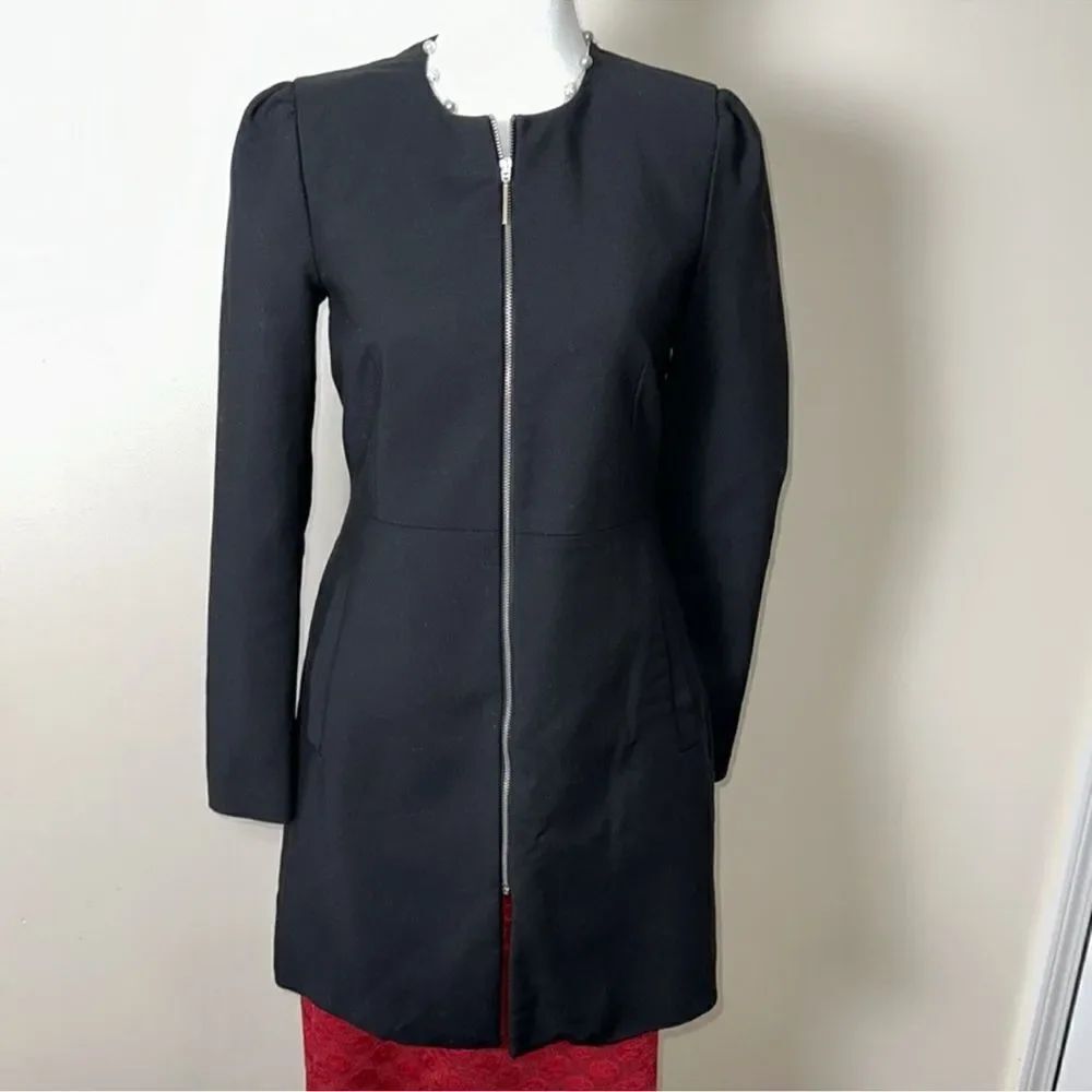 ZARA XS Black Front Zip Fitted Collarless Overcoat